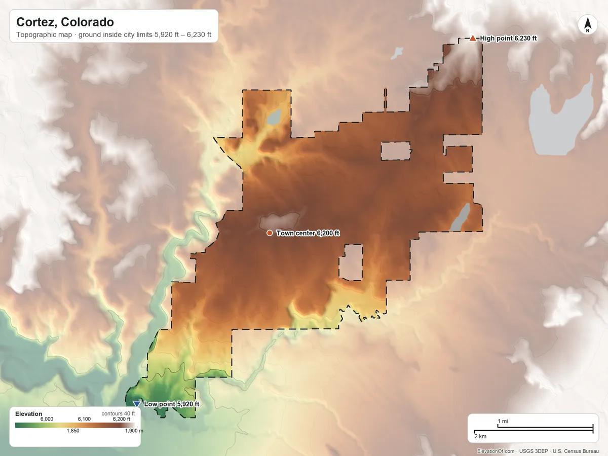 Topographic elevation map of Cortez, Colorado, shaded from 5,920 ft on the southwest side to 6,230 ft on the northeast side