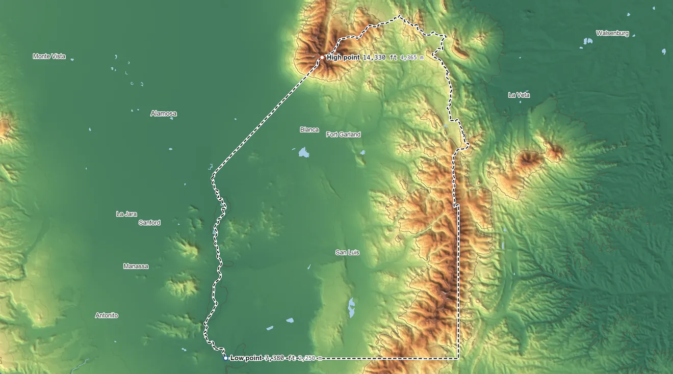 Topographic elevation map of Costilla County, Colorado, shaded from 7,380 ft on the southwest side to 14,330 ft on Blanca Peak
