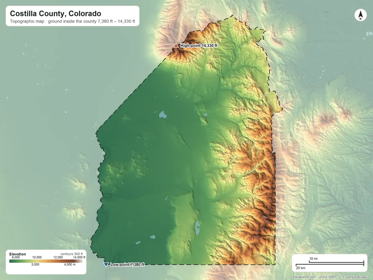 Topographic elevation map of Costilla County, Colorado, shaded from 7,380 ft on the southwest side to 14,330 ft on Blanca Peak