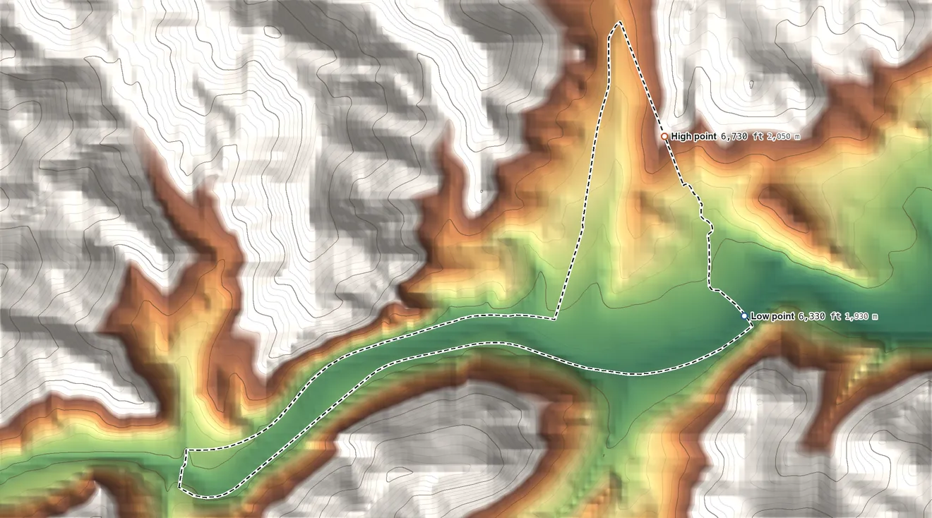 Topographic elevation map of Cotopaxi, Colorado, shaded from 6,330 ft on the east side to 6,730 ft on the northeast edge, below higher ground just outside
