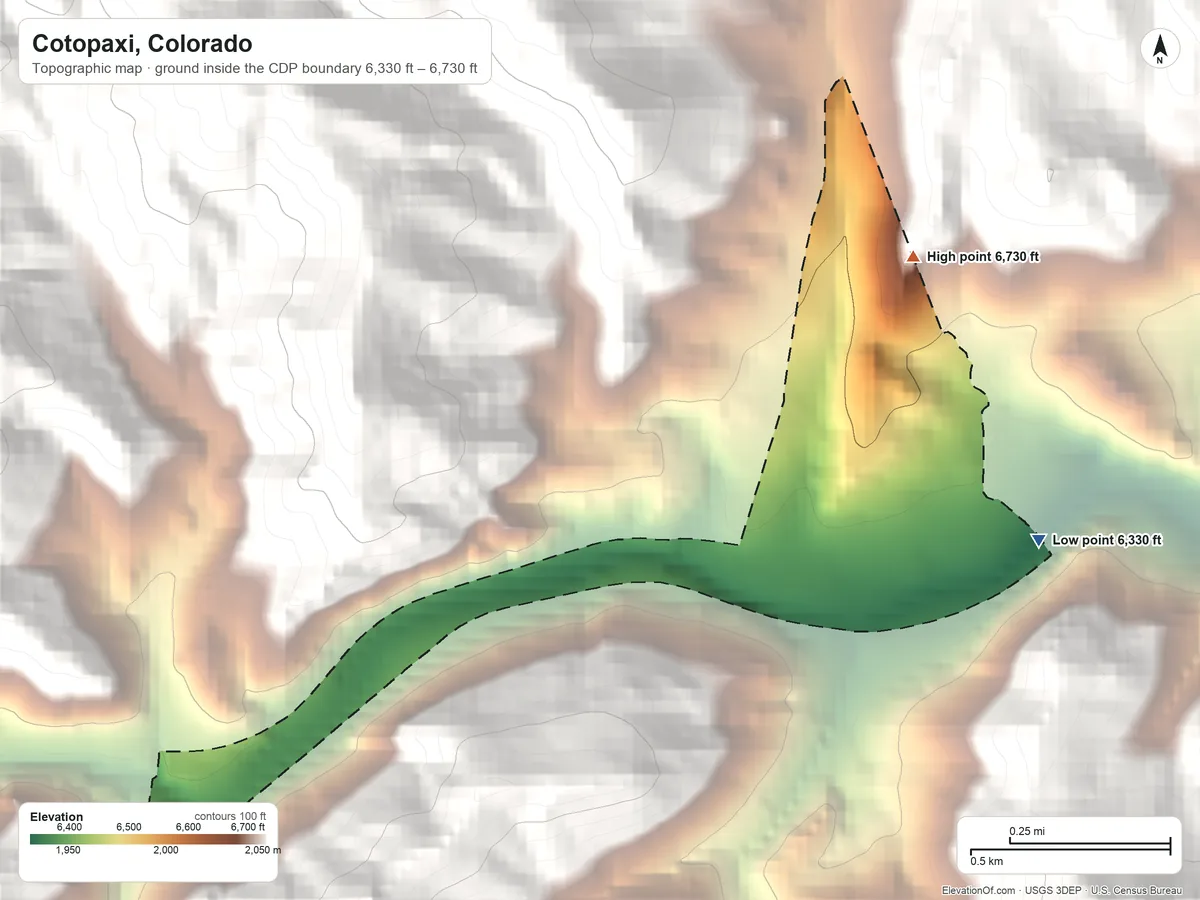 Topographic elevation map of Cotopaxi, Colorado, shaded from 6,330 ft on the east side to 6,730 ft on the northeast edge, below higher ground just outside