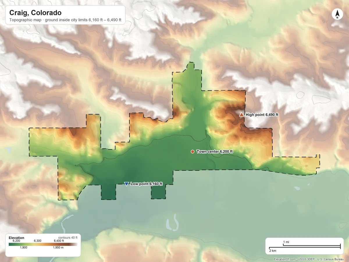 Topographic elevation map of Craig, Colorado, shaded from 6,160 ft on the southwest side to 6,490 ft on the northeast side