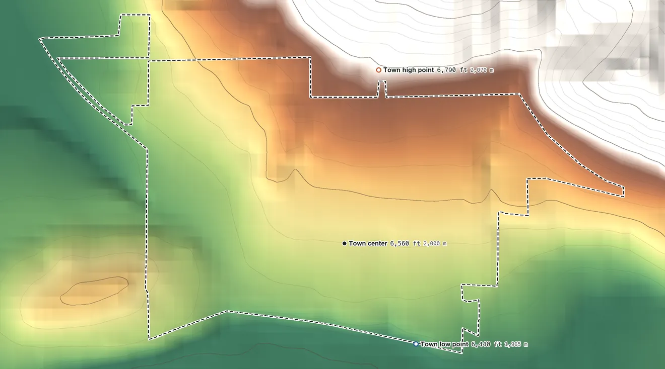 Topographic elevation map of Crawford, Colorado, shaded from 6,440 ft on the southeast side to 6,790 ft on the north edge, below higher ground just outside
