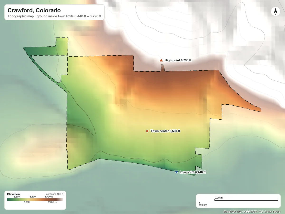 Topographic elevation map of Crawford, Colorado, shaded from 6,440 ft on the southeast side to 6,790 ft on the north edge, below higher ground just outside