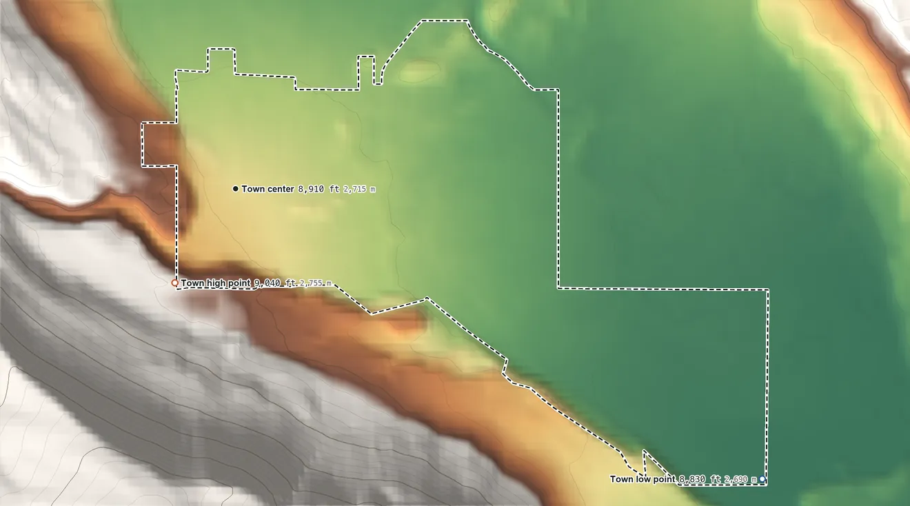 Topographic elevation map of Crested Butte, Colorado, shaded from 8,830 ft on the southeast side to 9,040 ft at the foot of the Ruby Range