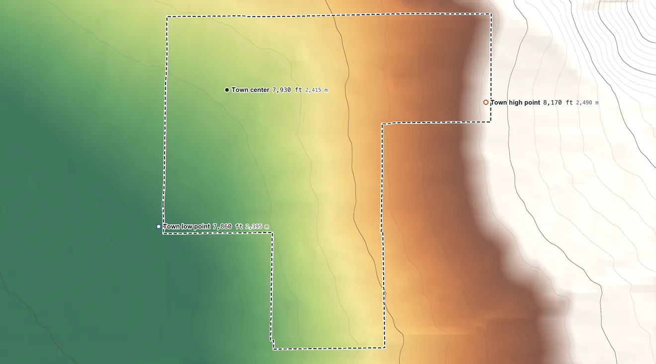 Topographic elevation map of Crestone, Colorado, shaded from 7,860 ft on the southwest side to 8,170 ft on the east edge, below higher ground just outside