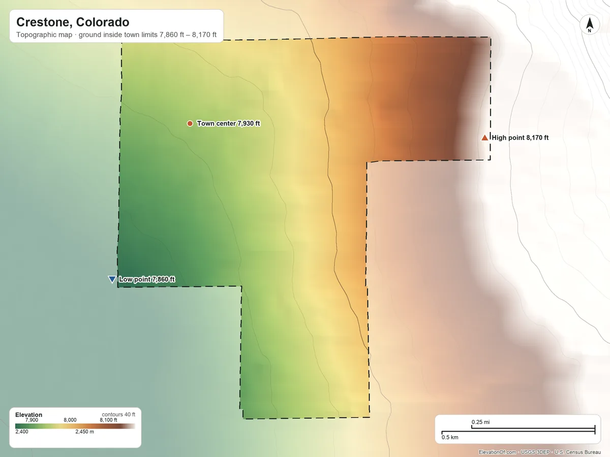 Topographic elevation map of Crestone, Colorado, shaded from 7,860 ft on the southwest side to 8,170 ft on the east edge, below higher ground just outside