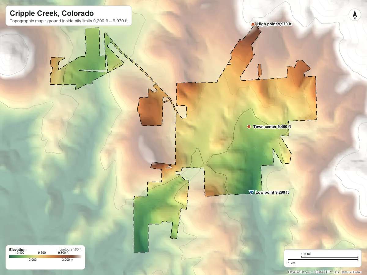 Topographic elevation map of Cripple Creek, Colorado, shaded from 9,290 ft on the south side to 9,970 ft at the foot of the Granite Hills