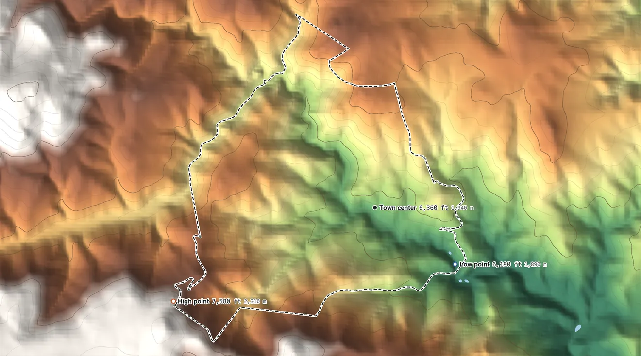 Topographic elevation map of Crisman, Colorado, shaded from 6,190 ft on the southeast side to 7,580 ft on the southwest edge, below higher ground just outside