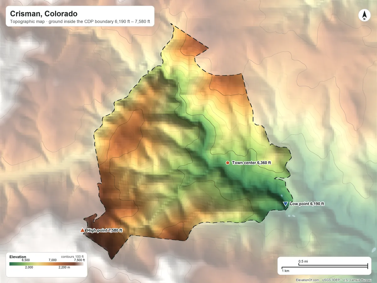 Topographic elevation map of Crisman, Colorado, shaded from 6,190 ft on the southeast side to 7,580 ft on the southwest edge, below higher ground just outside