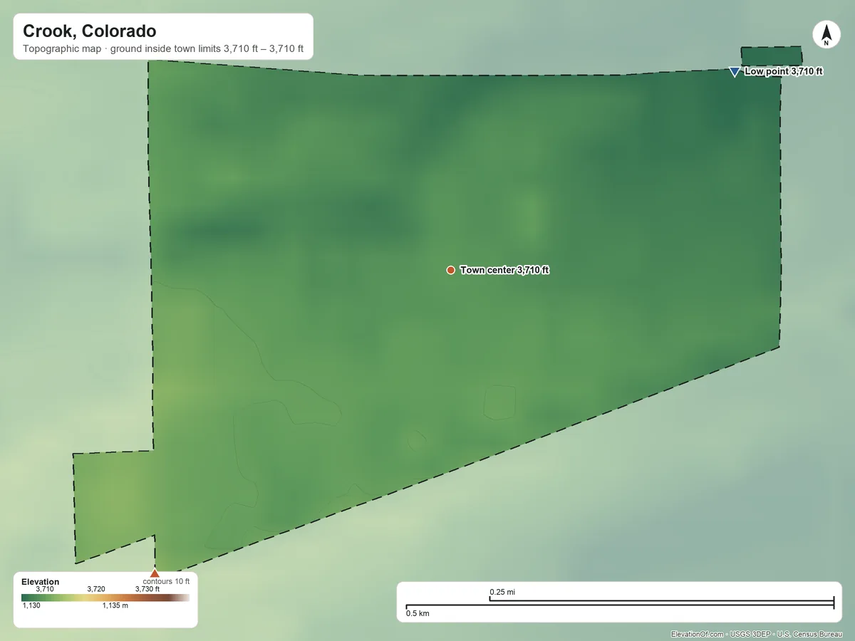 Topographic elevation map of Crook, Colorado, shaded from 3,710 ft on the northeast side to 3,710 ft on the southwest side