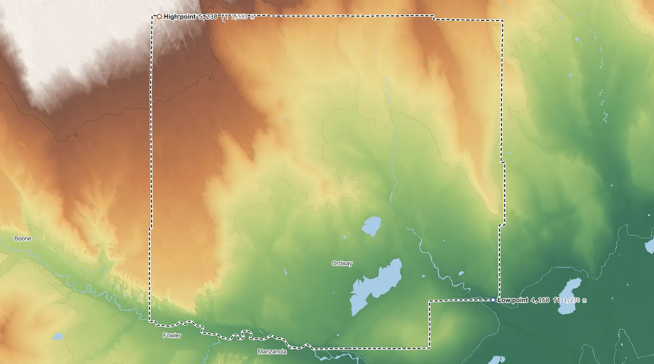 Topographic elevation map of Crowley County, Colorado, shaded from 4,160 ft on the southeast side to 5,230 ft on the northwest side