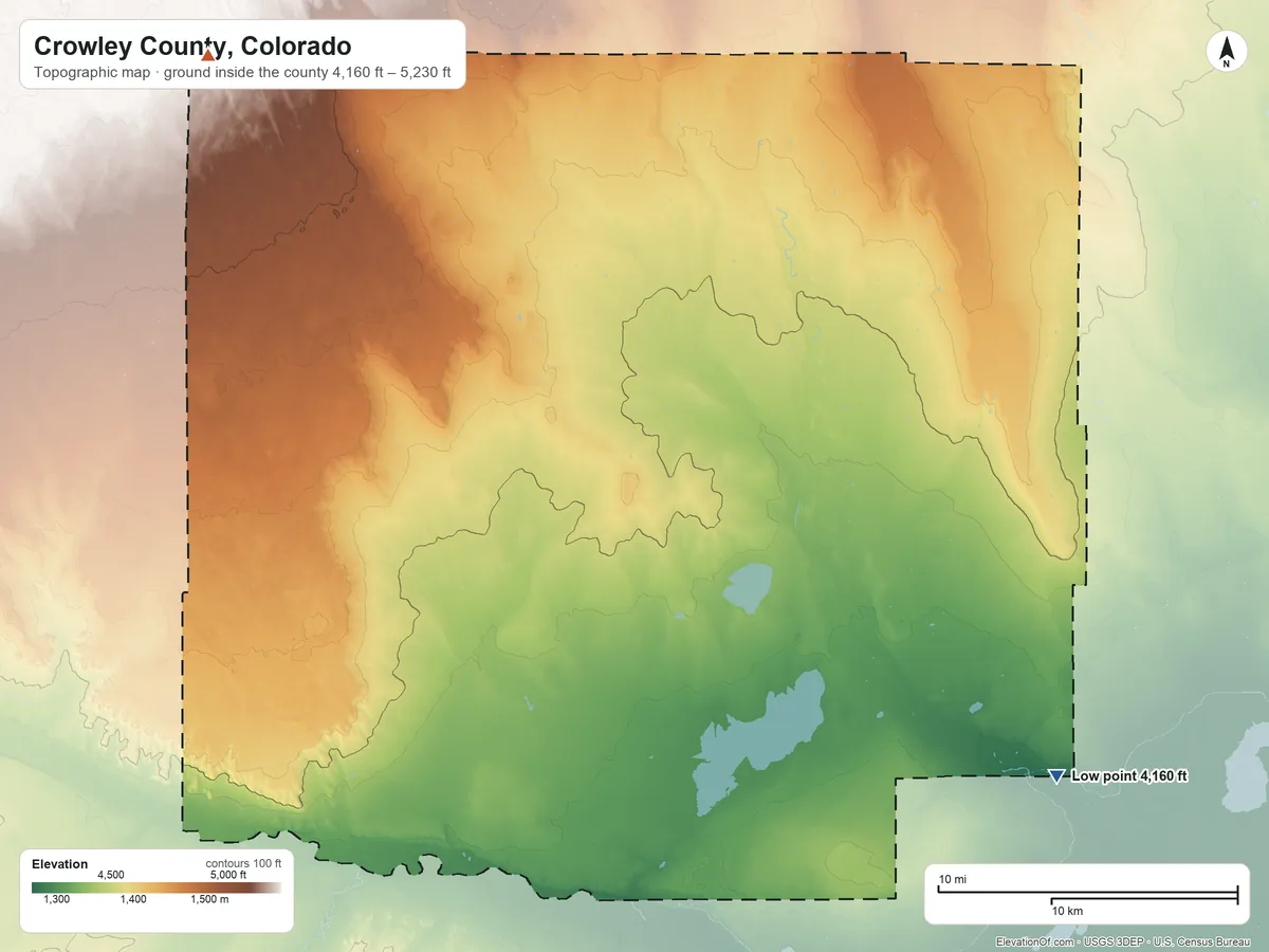 Topographic elevation map of Crowley County, Colorado, shaded from 4,160 ft on the southeast side to 5,230 ft on the northwest side