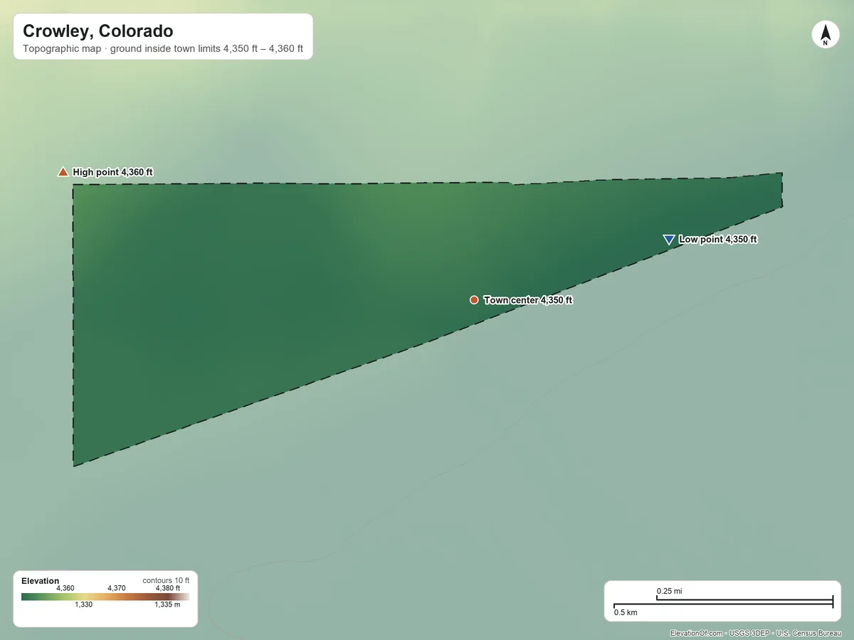 Topographic elevation map of Crowley, Colorado, shaded from 4,350 ft on the east side to 4,360 ft on the west side