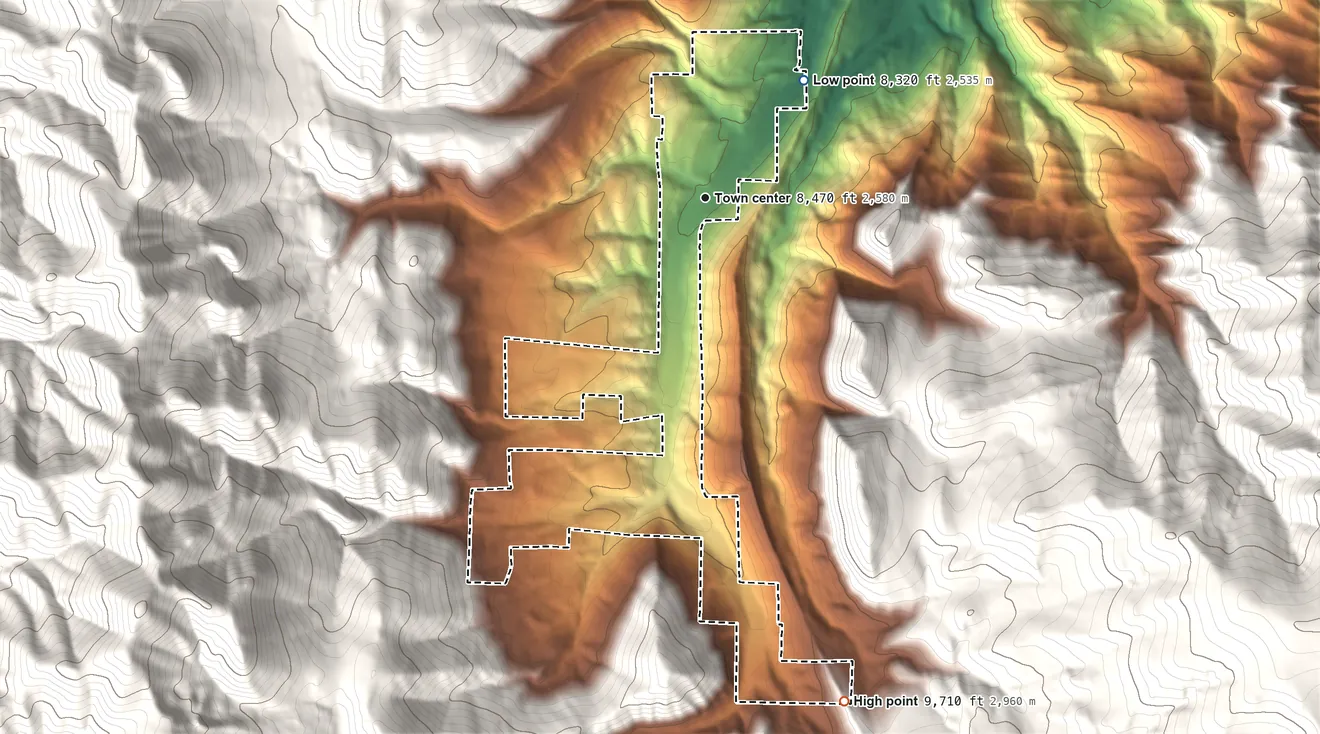 Topographic elevation map of Cuchara, Colorado, shaded from 8,320 ft on the northeast side to 9,710 ft on the south edge, below higher ground just outside