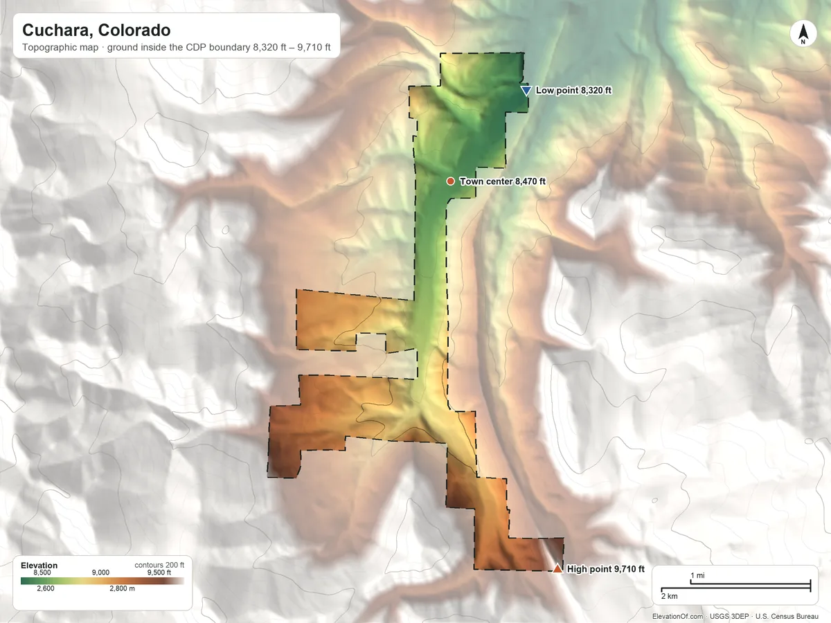 Topographic elevation map of Cuchara, Colorado, shaded from 8,320 ft on the northeast side to 9,710 ft on the south edge, below higher ground just outside