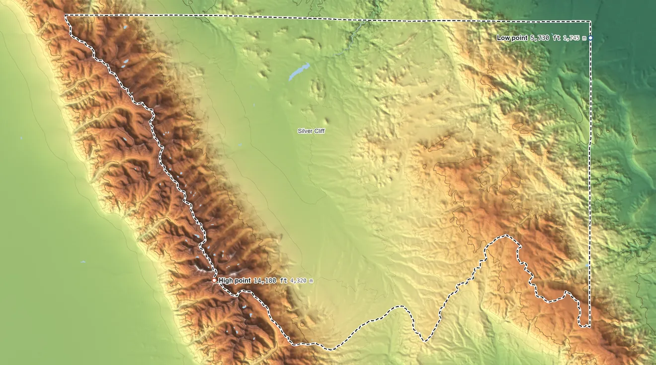 Topographic elevation map of Custer County, Colorado, shaded from 5,730 ft on the northeast side to 14,180 ft on the southwest side