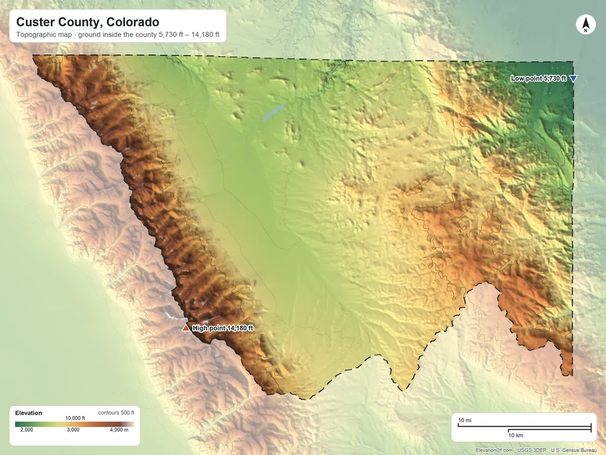 Topographic elevation map of Custer County, Colorado, shaded from 5,730 ft on the northeast side to 14,180 ft on the southwest side