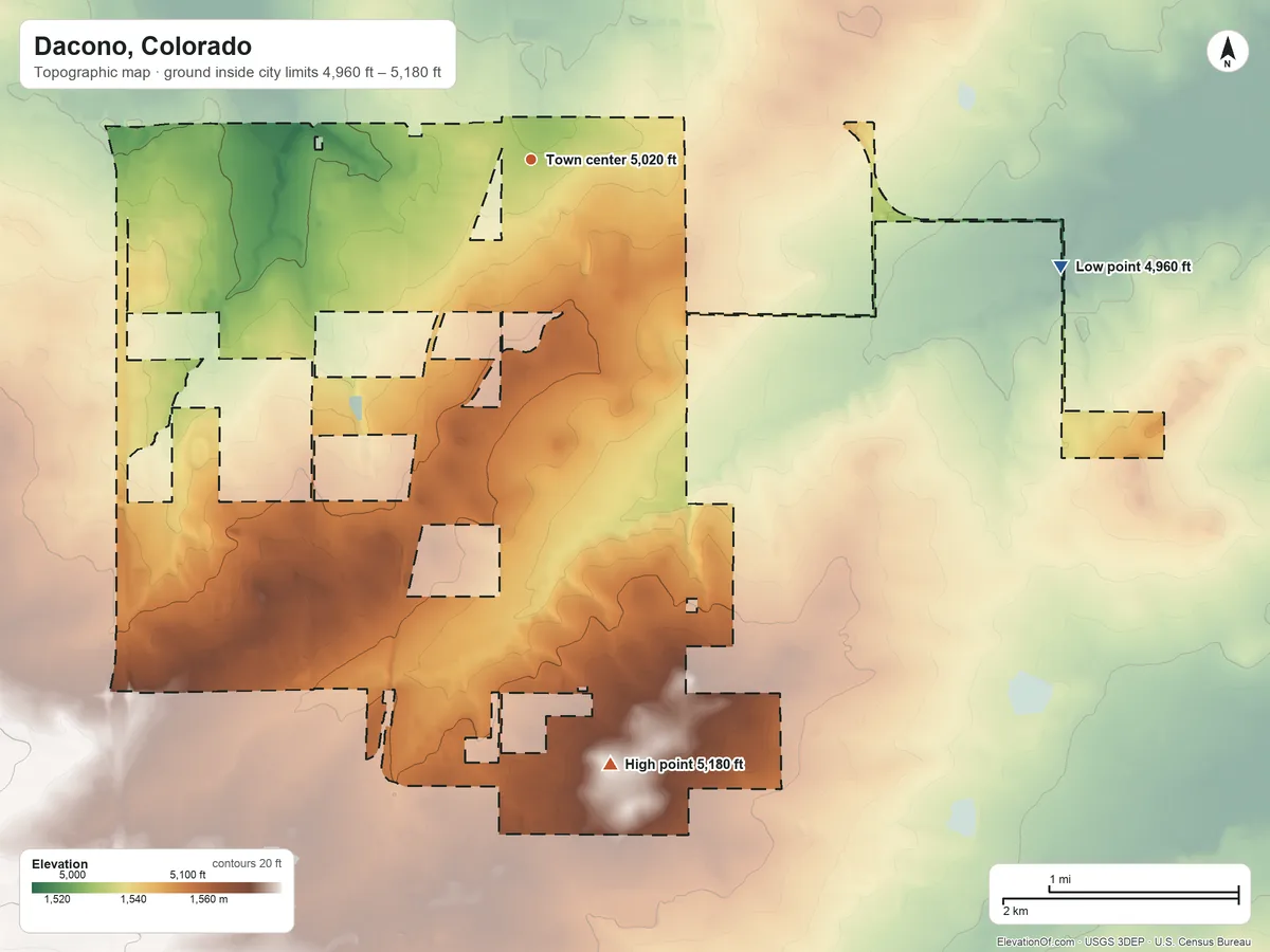 Topographic elevation map of Dacono, Colorado, shaded from 4,960 ft on the east side to 5,180 ft on the south side