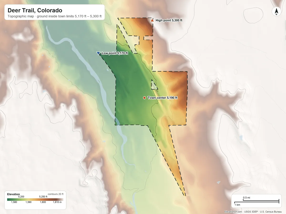 Topographic elevation map of Deer Trail, Colorado, shaded from 5,170 ft on the northwest side to 5,300 ft on the north side
