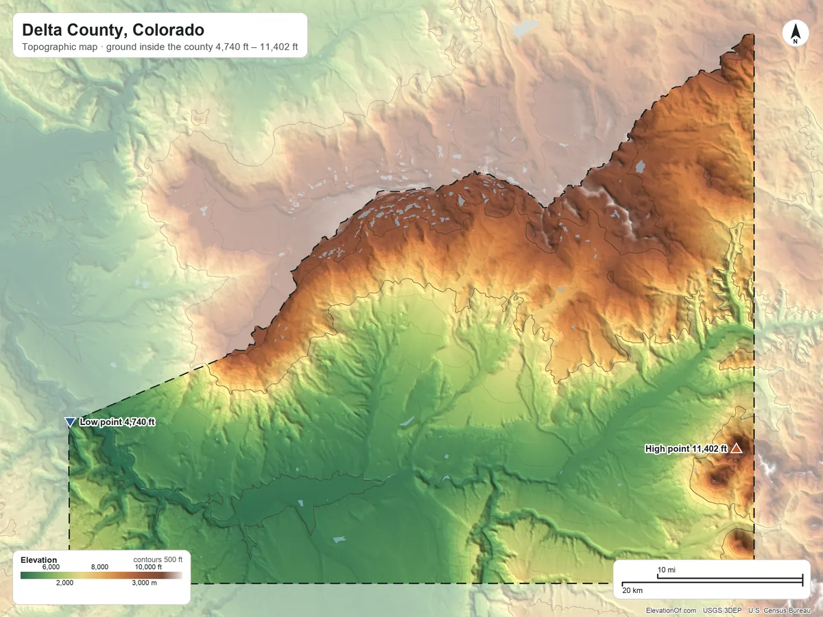Topographic elevation map of Delta County, Colorado, shaded from 4,740 ft on the west side to 11,402 ft on Mount Lamborn