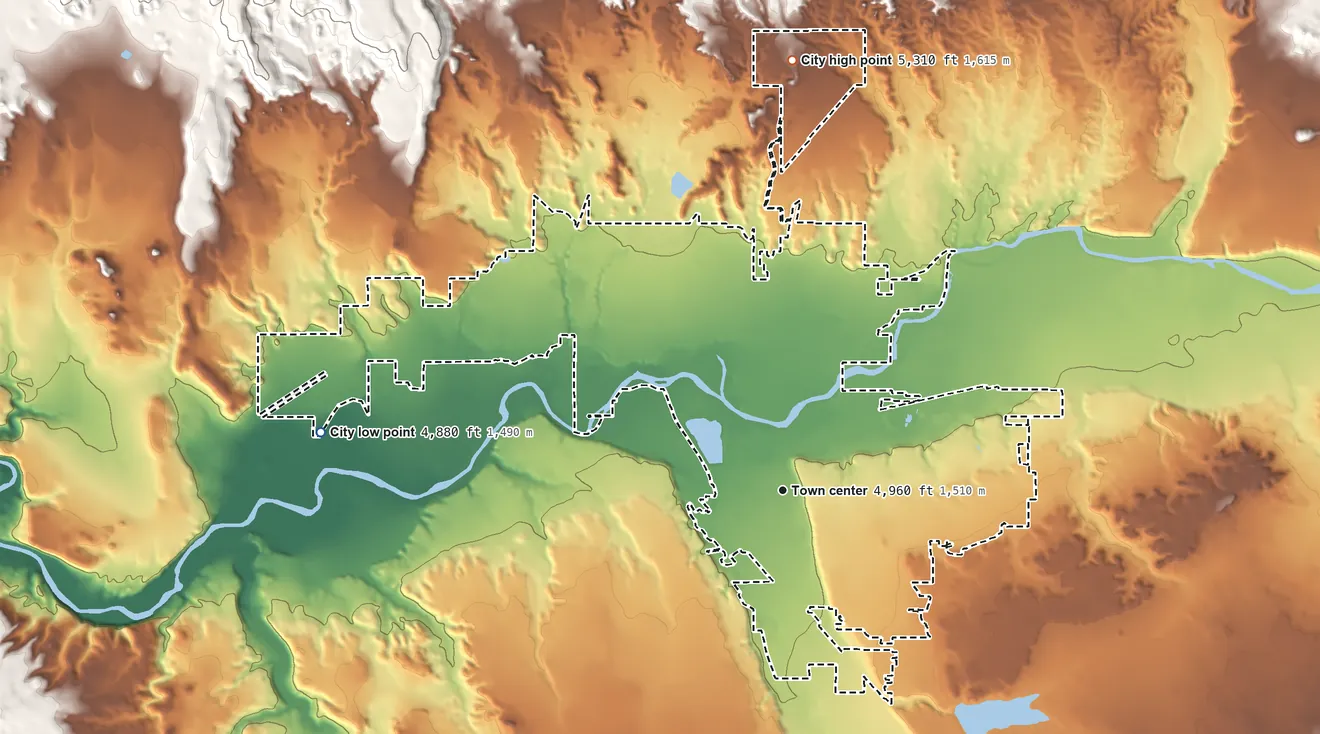 Topographic elevation map of Delta, Colorado, shaded from 4,880 ft on the west side to 5,310 ft on the north edge, below higher ground just outside