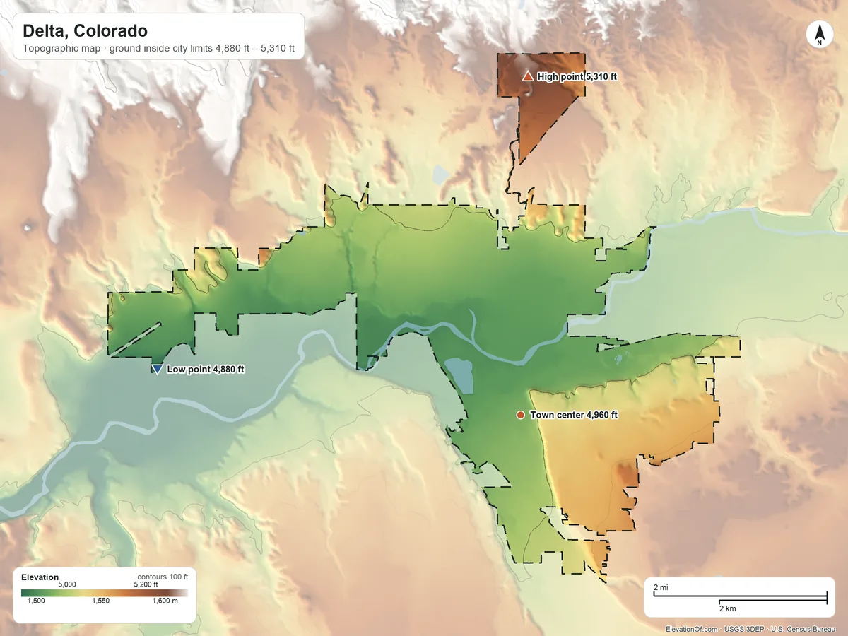 Topographic elevation map of Delta, Colorado, shaded from 4,880 ft on the west side to 5,310 ft on the north edge, below higher ground just outside