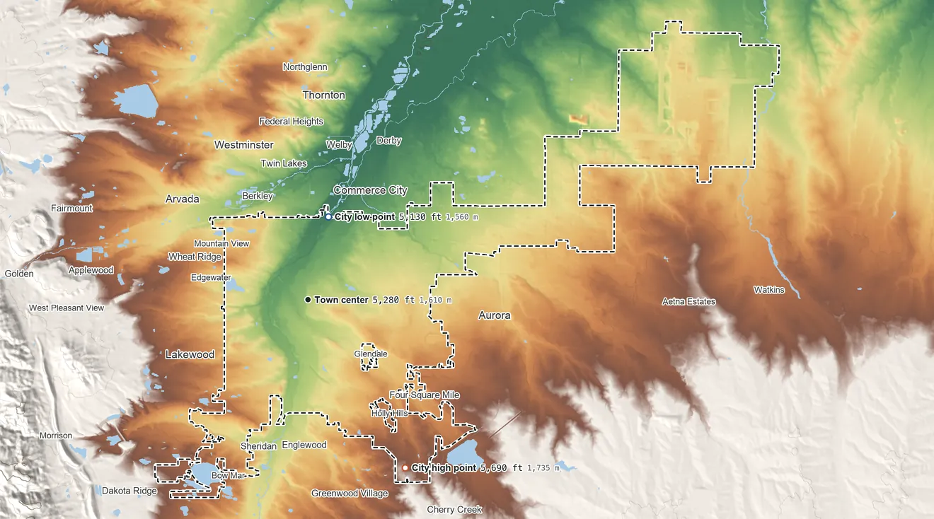 Topographic elevation map of Denver, Colorado, shaded from 5,130 ft on the north side to 5,690 ft on the southeast side