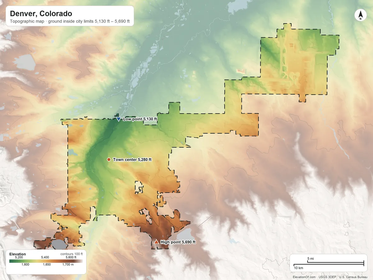 Topographic elevation map of Denver, Colorado, shaded from 5,130 ft on the north side to 5,690 ft on the southeast side