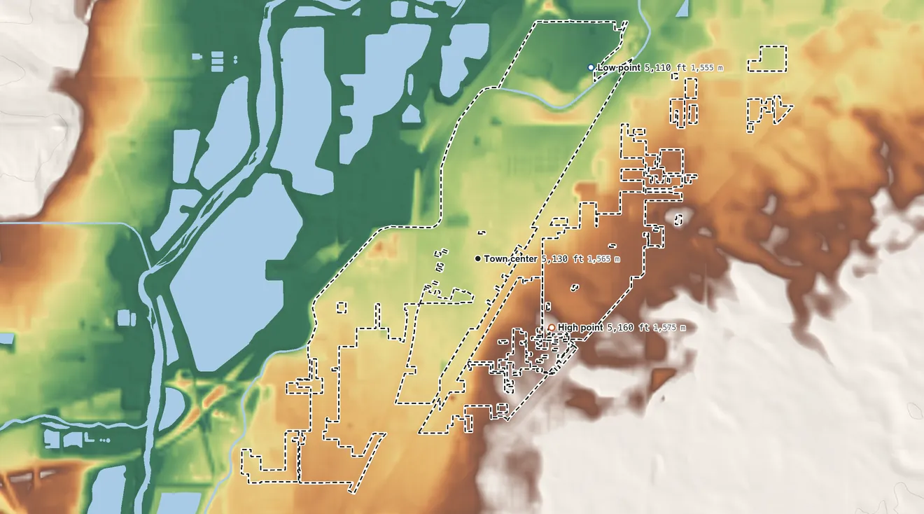 Topographic elevation map of Derby, Colorado, shaded from 5,110 ft on the northeast side to 5,160 ft on the southeast side