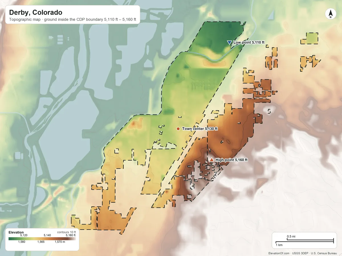 Topographic elevation map of Derby, Colorado, shaded from 5,110 ft on the northeast side to 5,160 ft on the southeast side