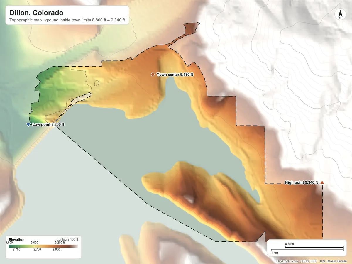 Topographic elevation map of Dillon, Colorado, shaded from 8,800 ft on the west side to 9,340 ft at the foot of the Williams Fork Mountains
