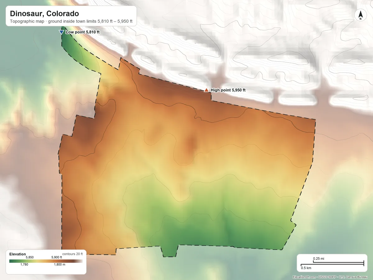 Topographic elevation map of Dinosaur, Colorado, shaded from 5,810 ft on the northwest side to 5,950 ft on the northeast edge, below higher ground just outside