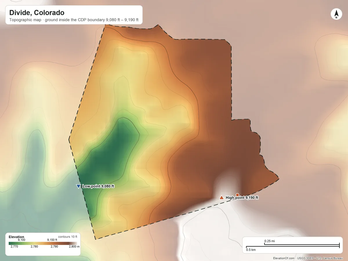 Topographic elevation map of Divide, Colorado, shaded from 9,080 ft on the west side to 9,190 ft at the foot of the Granite Hills