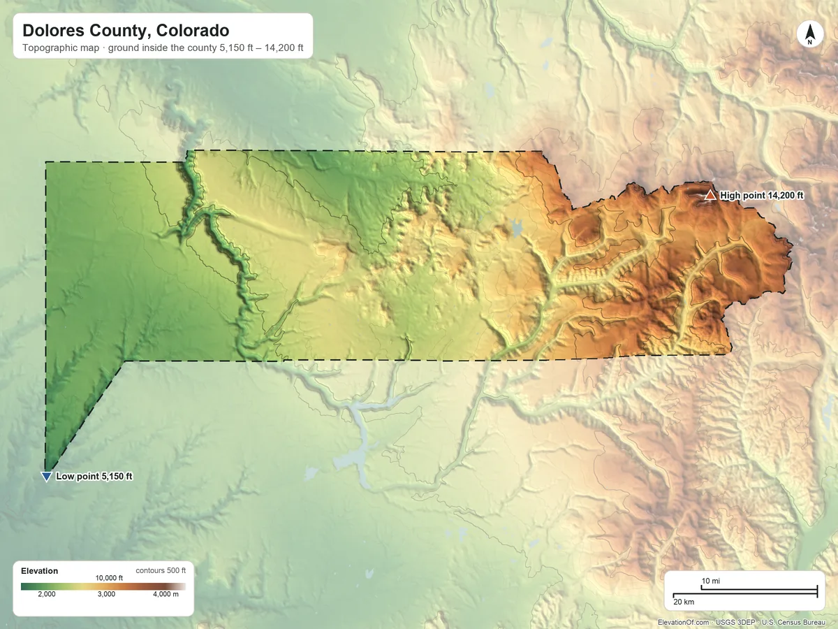 Topographic elevation map of Dolores County, Colorado, shaded from 5,150 ft on the southwest side to 14,200 ft on Mount Wilson