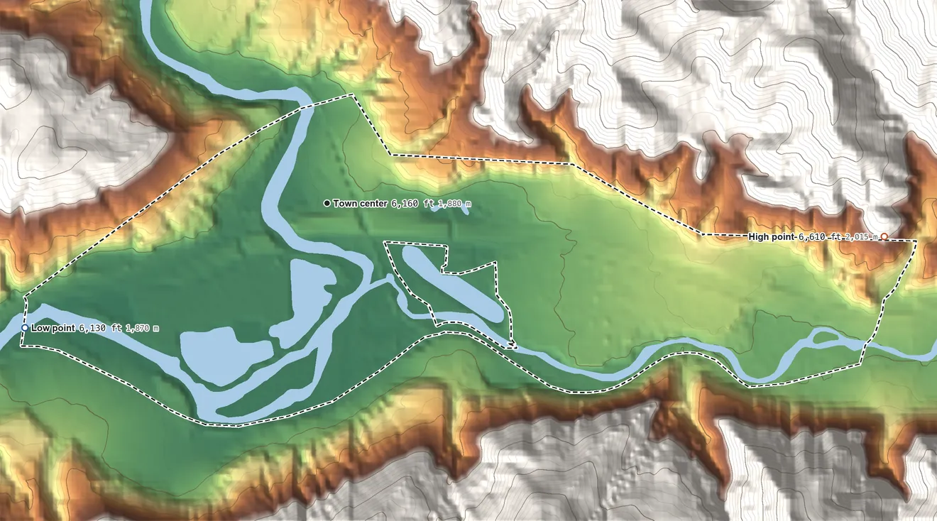 Topographic elevation map of Dotsero, Colorado, shaded from 6,130 ft on the west side to 6,610 ft on the east edge, below higher ground just outside