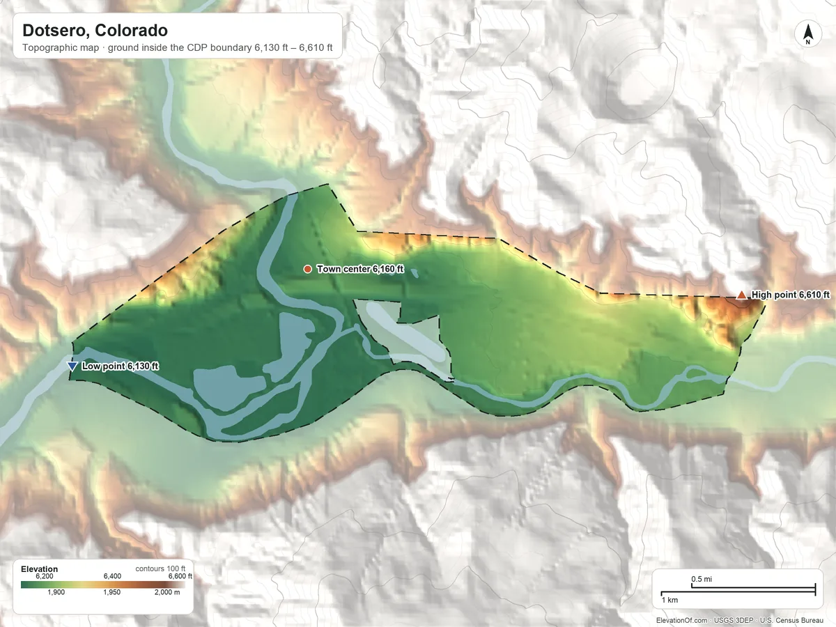 Topographic elevation map of Dotsero, Colorado, shaded from 6,130 ft on the west side to 6,610 ft on the east edge, below higher ground just outside