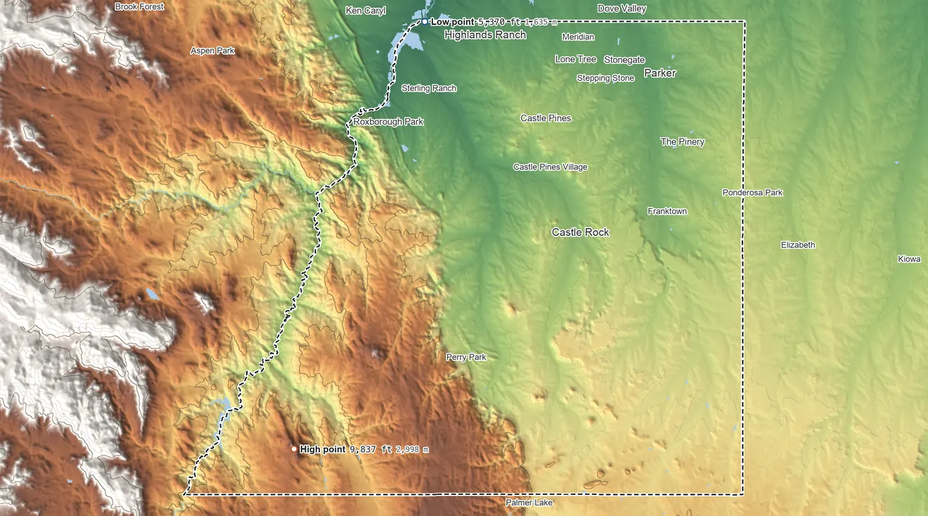 Topographic elevation map of Douglas County, Colorado, shaded from 5,370 ft on the north side to 9,837 ft on Thunder Butte