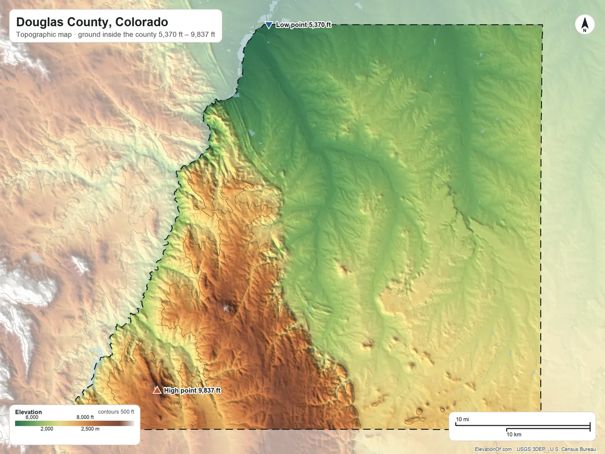 Topographic elevation map of Douglas County, Colorado, shaded from 5,370 ft on the north side to 9,837 ft on Thunder Butte