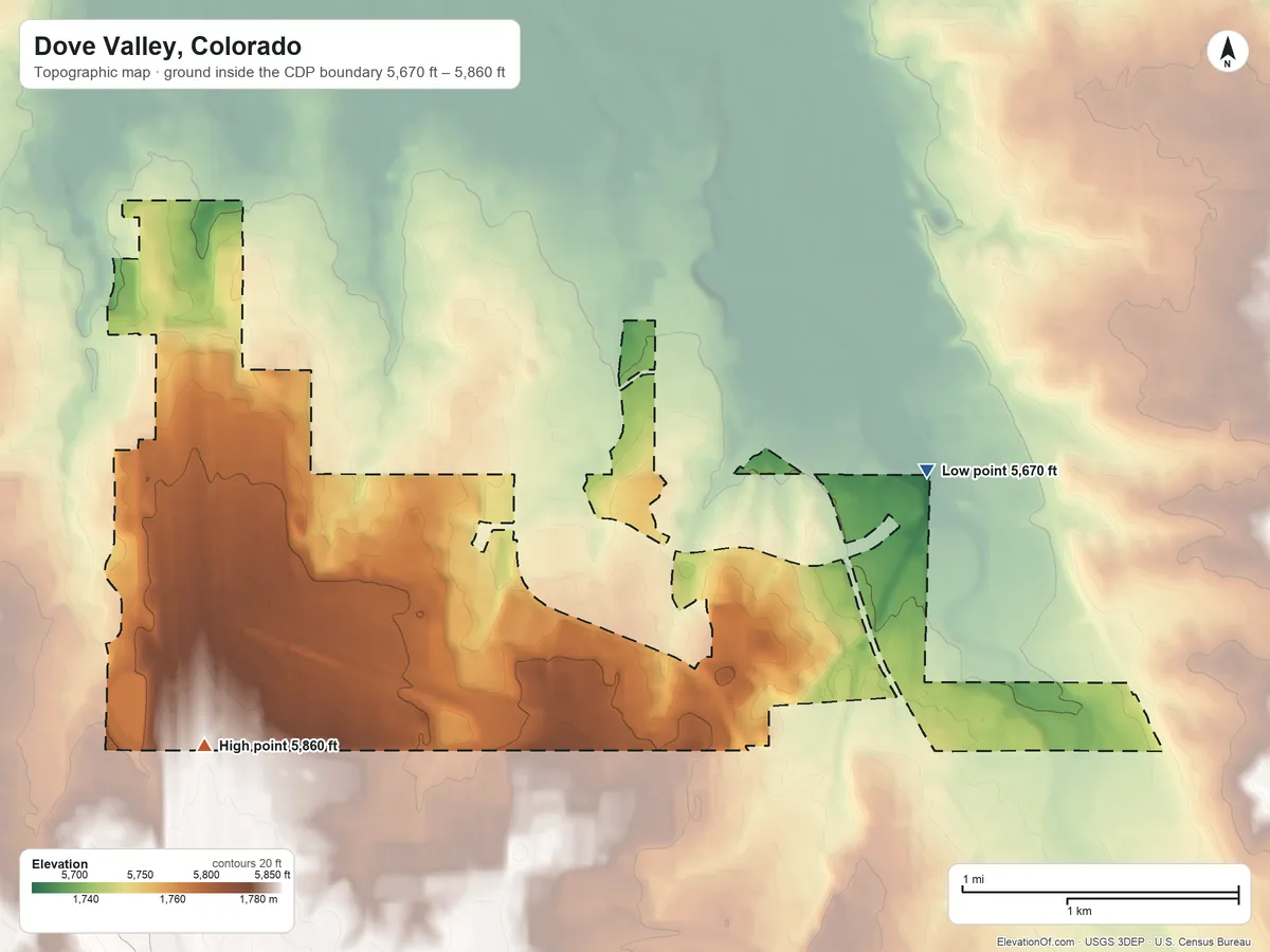 Topographic elevation map of Dove Valley, Colorado, shaded from 5,670 ft near the middle to 5,860 ft on the west side
