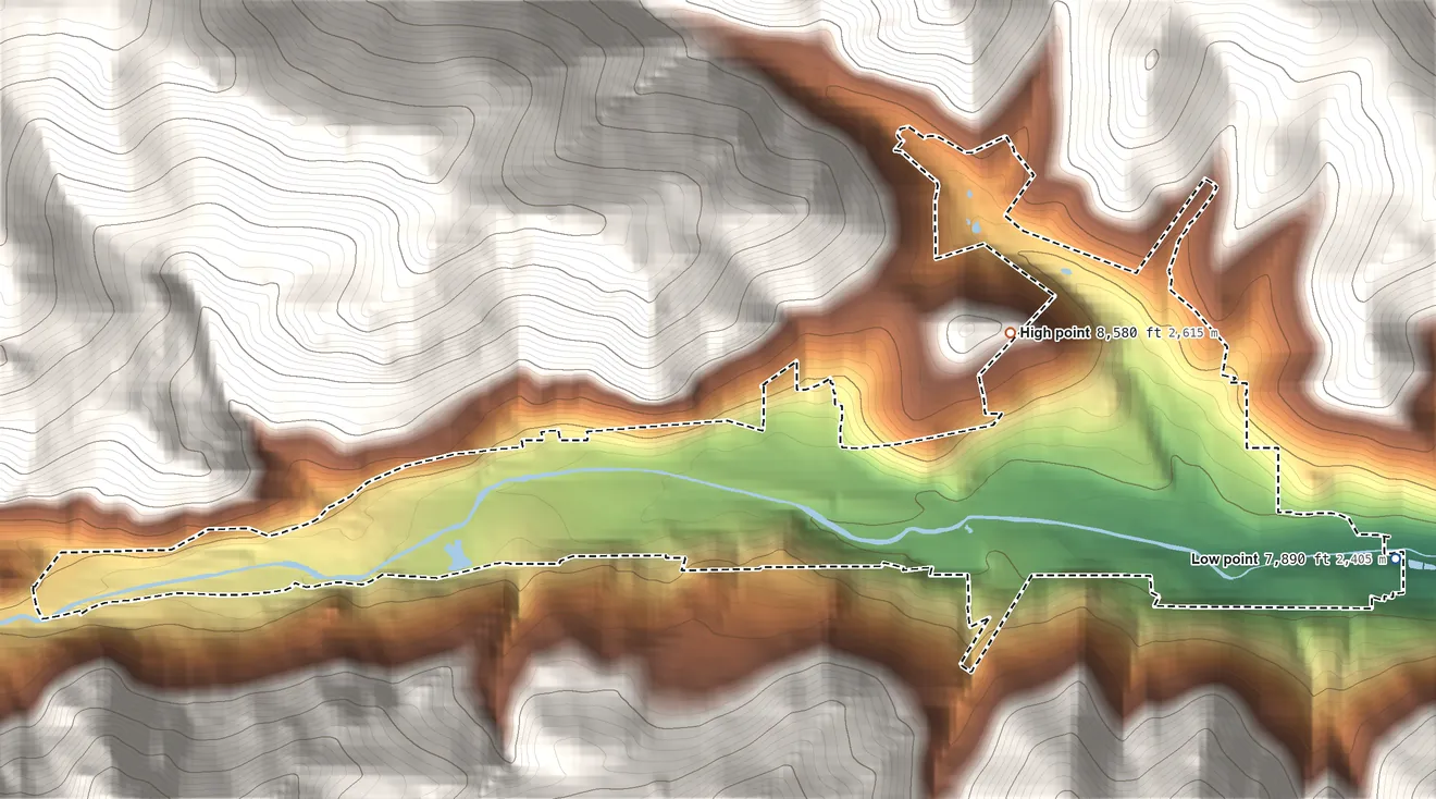 Topographic elevation map of Downieville-Lawson-Dumont, Colorado, shaded from 7,890 ft on the east side to 8,580 ft at the foot of the Front Range