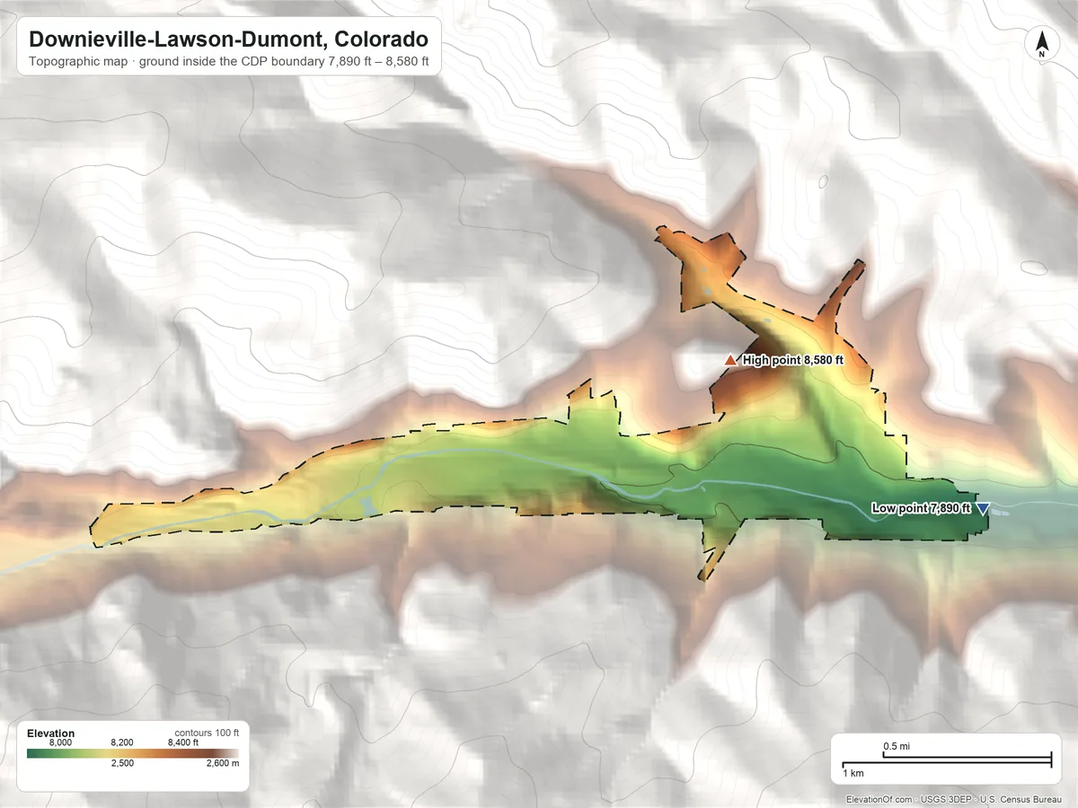 Topographic elevation map of Downieville-Lawson-Dumont, Colorado, shaded from 7,890 ft on the east side to 8,580 ft at the foot of the Front Range