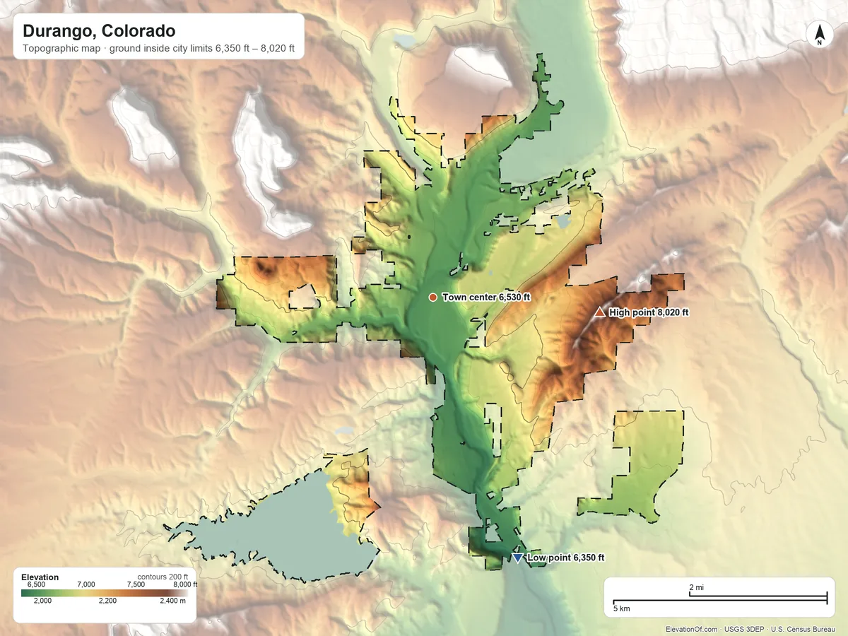 Topographic elevation map of Durango, Colorado, shaded from 6,350 ft on the south side to 8,020 ft on the east side