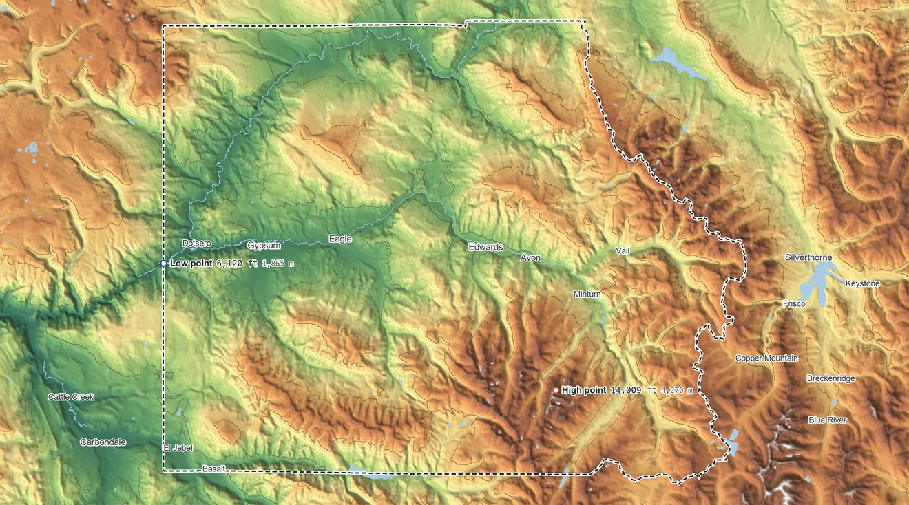Topographic elevation map of Eagle County, Colorado, shaded from 6,120 ft on the west side to 14,009 ft on Mount of the Holy Cross