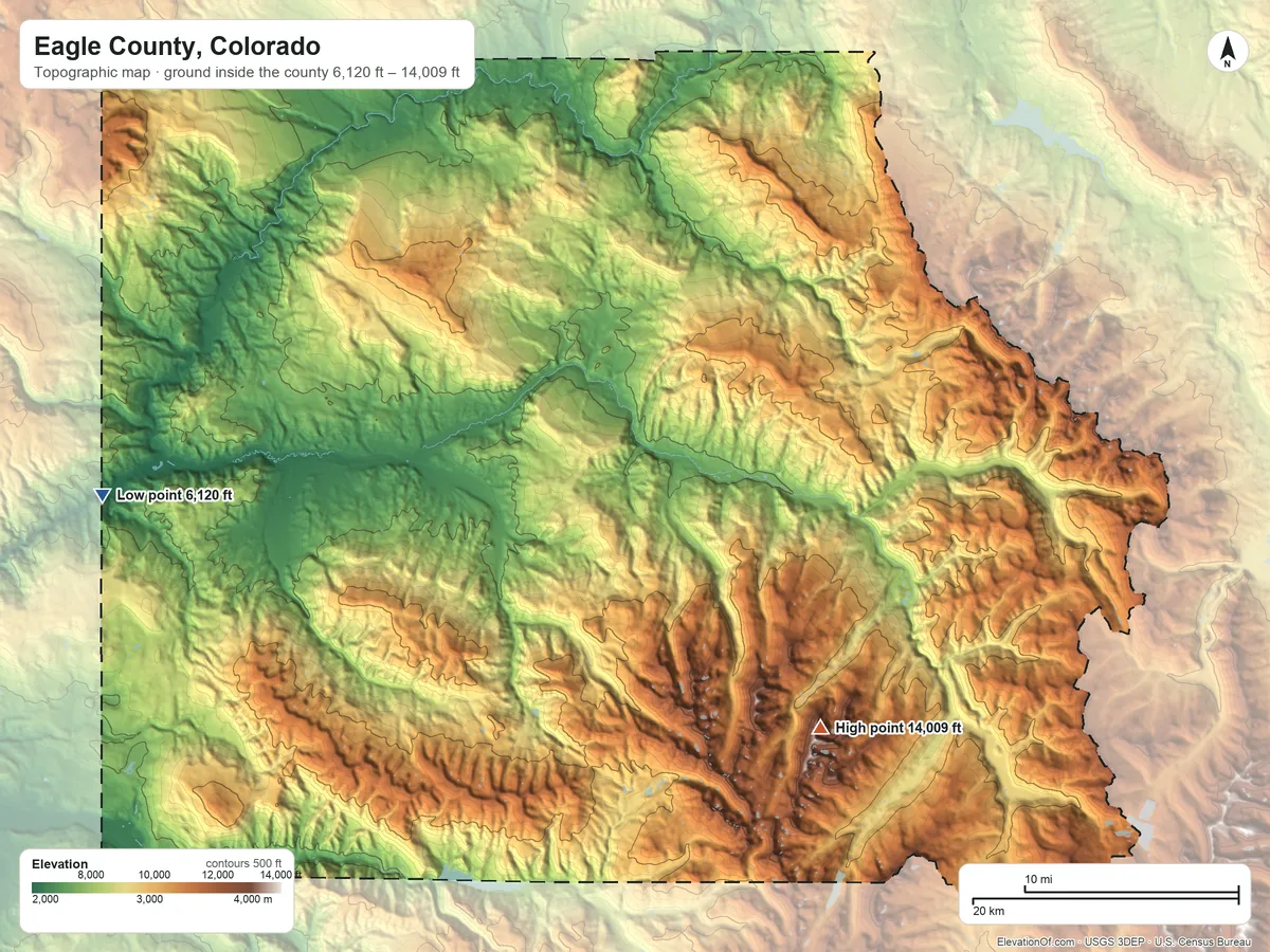Topographic elevation map of Eagle County, Colorado, shaded from 6,120 ft on the west side to 14,009 ft on Mount of the Holy Cross