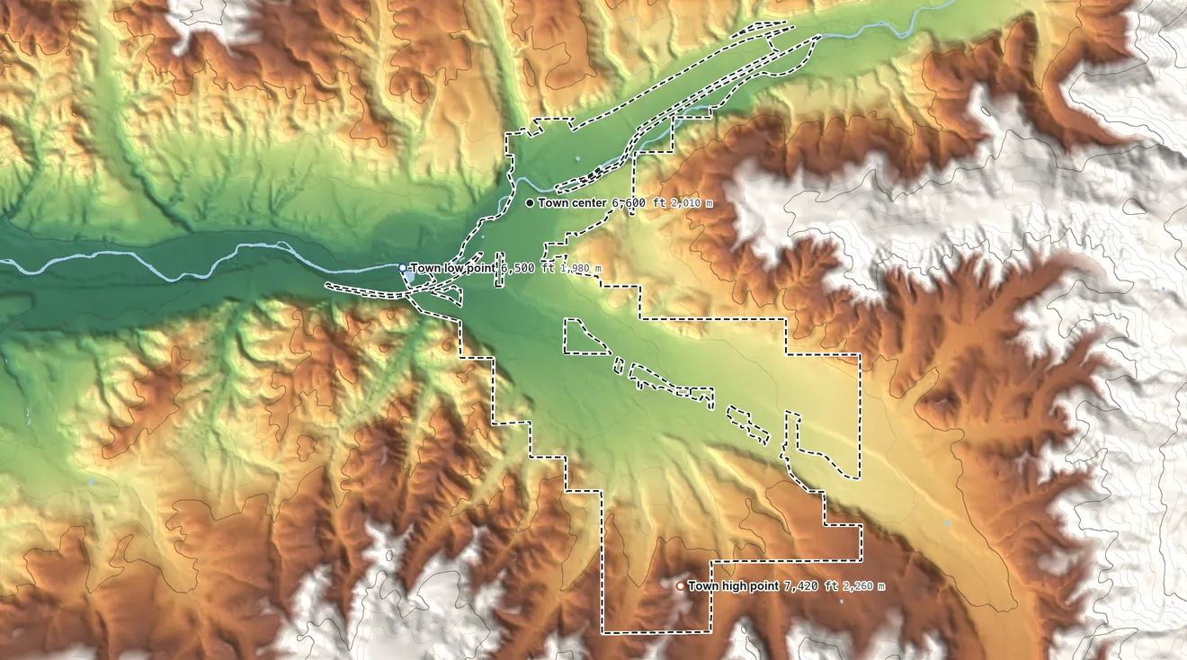 Topographic elevation map of Eagle, Colorado, shaded from 6,500 ft on the southwest side to 7,420 ft on the south edge, below higher ground just outside