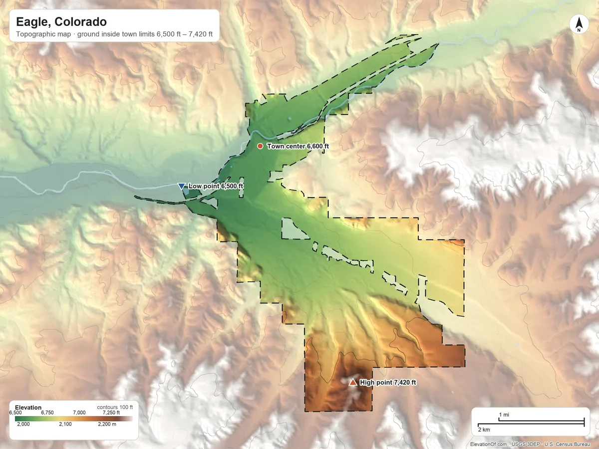Topographic elevation map of Eagle, Colorado, shaded from 6,500 ft on the southwest side to 7,420 ft on the south edge, below higher ground just outside