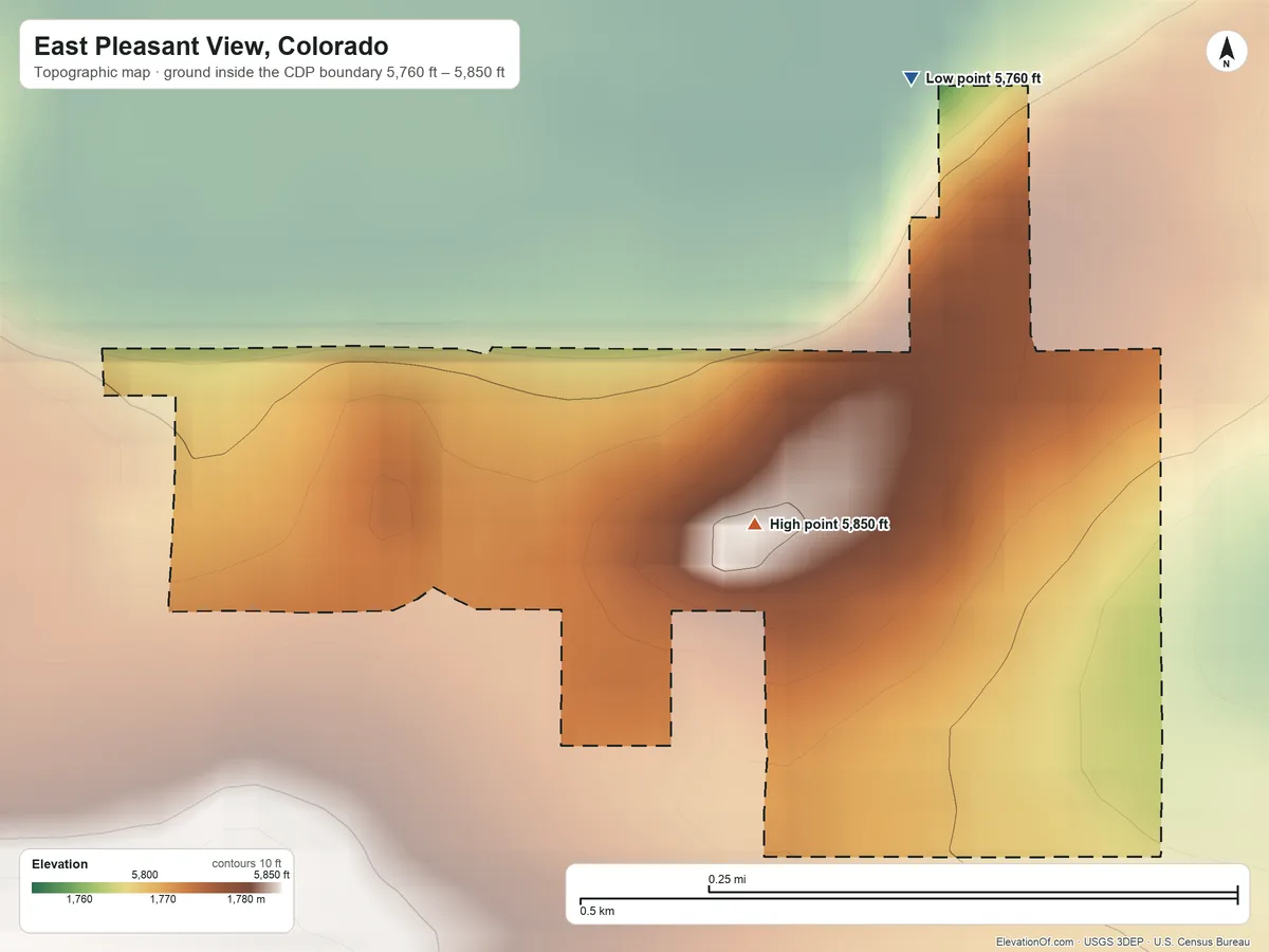 Topographic elevation map of East Pleasant View, Colorado, shaded from 5,760 ft on the north side to 5,850 ft on the southwest edge, below higher ground just outside