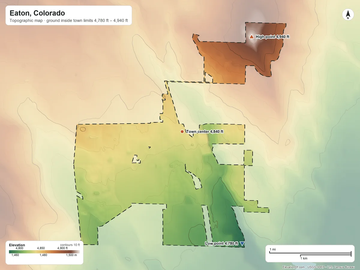 Topographic elevation map of Eaton, Colorado, shaded from 4,780 ft on the southeast side to 4,940 ft on the northeast side