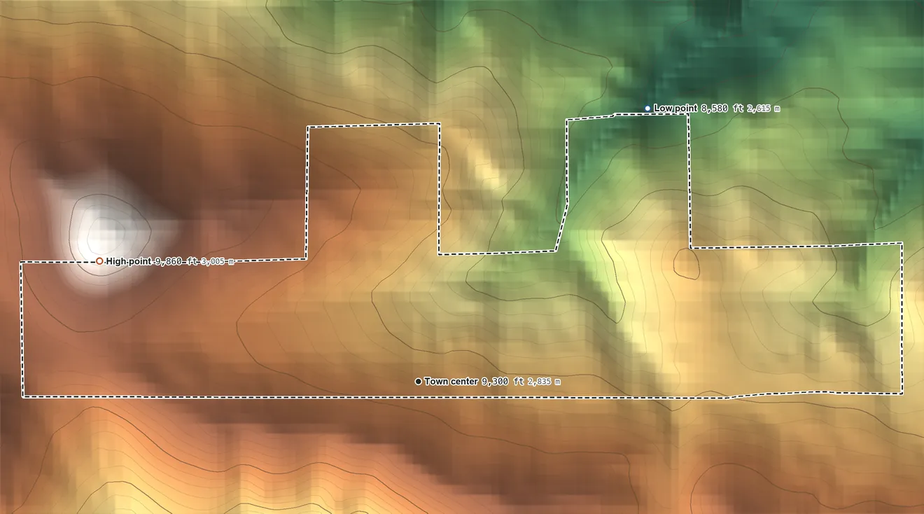 Topographic elevation map of Echo Hills, Colorado, shaded from 8,580 ft on the northeast side to 9,860 ft on the west edge, below higher ground just outside